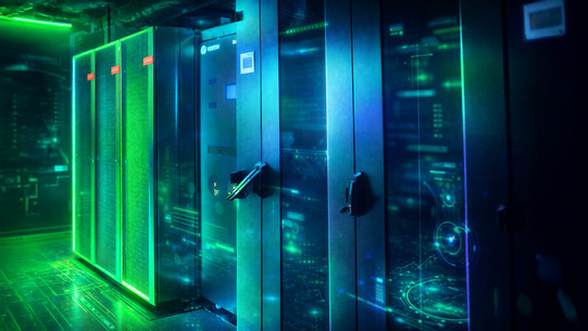 A modern server room or data center setup with several illuminated server racks glowing in green and blue tones. The server racksare surrounded by digital light patterns and a futuristic atmosphere.