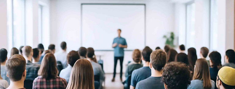 Eine Gruppe von Menschen sitzt in einem modernen Konferenzraum und hört einem Vortrag zu. Der Referent steht im Vordergrund vor einer Leinwand, während die Zuhörer ihm den Rücken zugewandt sind. Die Anordnung der Stühle ist geordnet, und große Fenster lassen viel Tageslicht herein.
