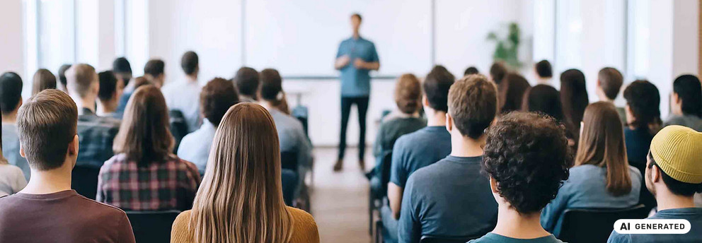 AI generated - Eine Gruppe von Menschen sitzt in einem modernen Konferenzraum und hört einem Vortrag zu. Der Referent steht im Vordergrund vor einer Leinwand, während die Zuhörer ihm den Rücken zugewandt sind. Die Anordnung der Stühle ist geordnet, und große Fenster lassen viel Tageslicht herein.