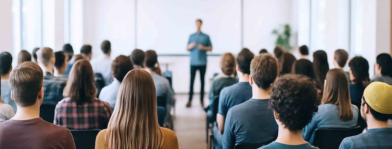 Eine Gruppe von Menschen sitzt in einem modernen Konferenzraum und hört einem Vortrag zu. Der Referent steht im Vordergrund vor einer Leinwand, während die Zuhörer ihm den Rücken zugewandt sind. Die Anordnung der Stühle ist geordnet, und große Fenster lassen viel Tageslicht herein.