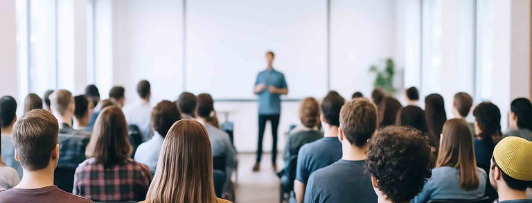 AI generated - Eine Gruppe von Menschen sitzt in einem modernen Konferenzraum und hört einem Vortrag zu. Der Referent steht im Vordergrund vor einer Leinwand, während die Zuhörer ihm den Rücken zugewandt sind. Die Anordnung der Stühle ist geordnet, und große Fenster lassen viel Tageslicht herein.