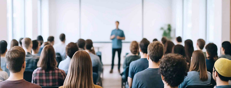 Eine Gruppe von Menschen sitzt in einem modernen Konferenzraum und hört einem Vortrag zu. Der Referent steht im Vordergrund vor einer Leinwand, während die Zuhörer ihm den Rücken zugewandt sind. Die Anordnung der Stühle ist geordnet, und große Fenster lassen viel Tageslicht herein.