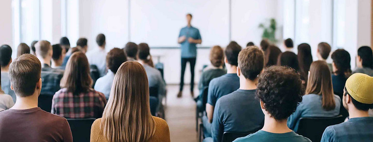 Eine Gruppe von Menschen sitzt in einem modernen Konferenzraum und hört einem Vortrag zu. Der Referent steht im Vordergrund vor einer Leinwand, während die Zuhörer ihm den Rücken zugewandt sind. Die Anordnung der Stühle ist geordnet, und große Fenster lassen viel Tageslicht herein.