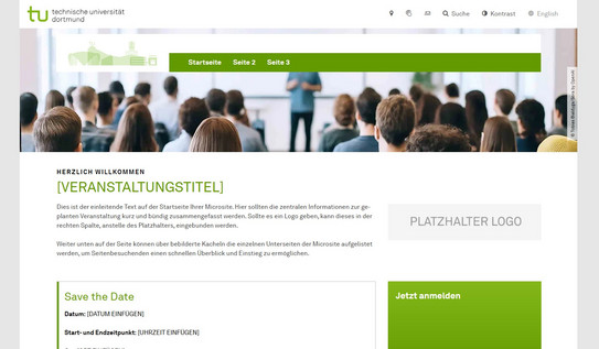 Der Screenshot zeigt den oberen Teil der Vorlage der Startseite, welche bei neu angelegten Veranstaltungsseiten mit ausgeliefert wird.