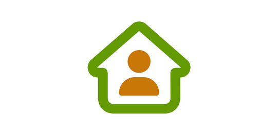 Icon zeigt den grünen Umriss eines Hauses mit einem orangefarbenen Personen-Icon in der Mitte.